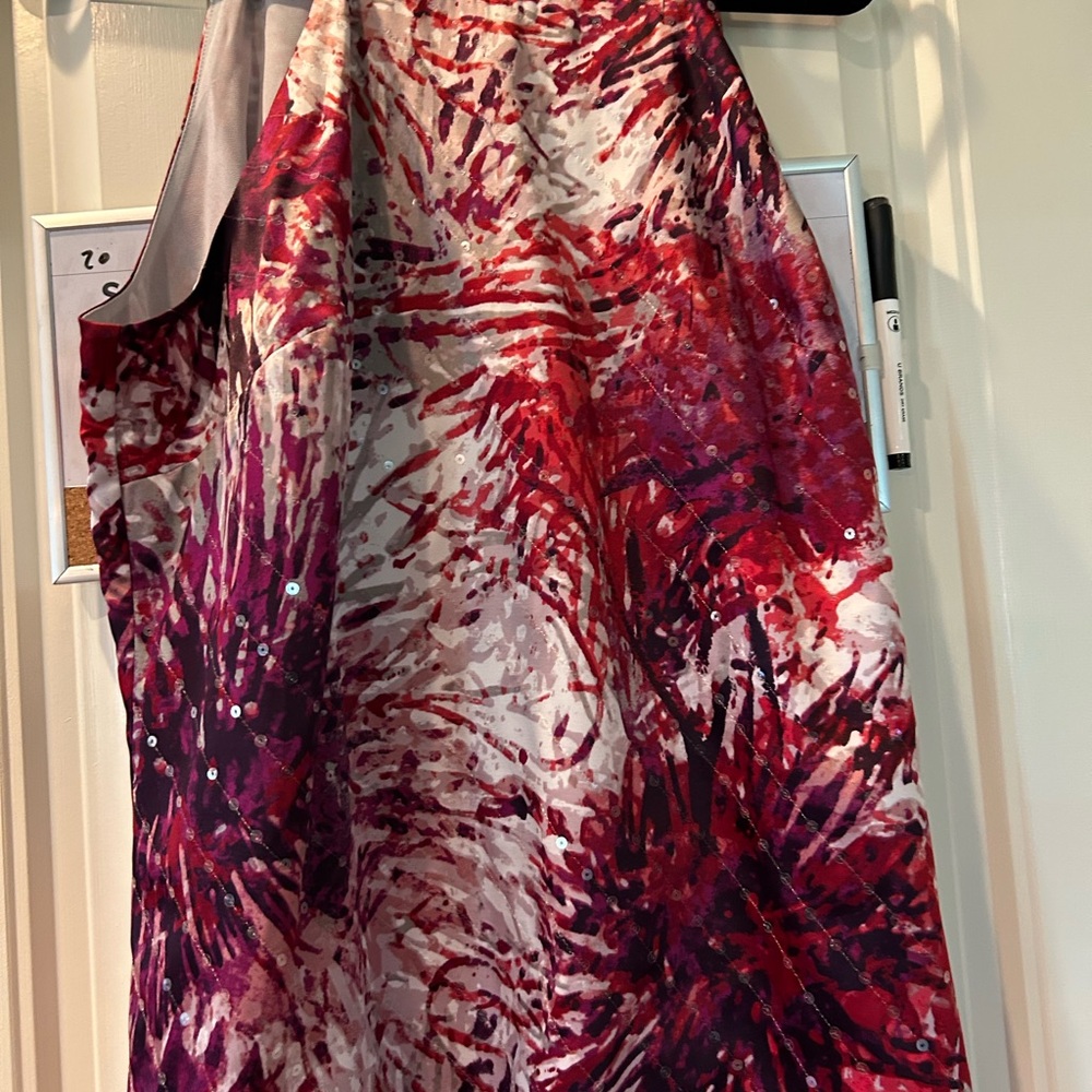 Ann Taylor Red & Purple Patterned halter top.  Embellished w/ clear sequins.